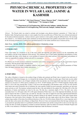 Physico-Chemical Properties of Water in Wular Lake, Jammu & Kashmir