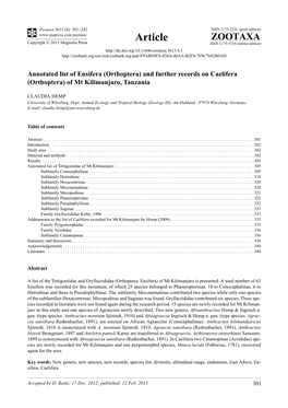 Annotated List of Ensifera (Orthoptera) and Further Records on Caelifera (Orthoptera) of Mt Kilimanjaro, Tanzania