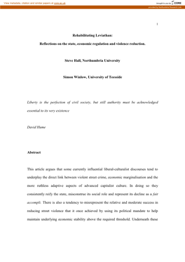 Reflections on the State, Economic Regulation and Violence Reduction. Steve Hall, Northumbria Universi