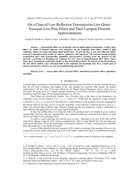 On a Class of Low-Reflection Transmission-Line Quasi- Gaussian Low-Pass Filters and Their Lumped-Element Approximations