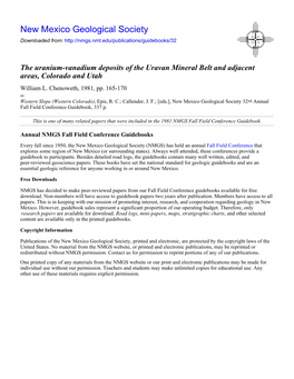 The Uranium-Vanadium Deposits of the Uravan Mineral Belt and Adjacent Areas, Colorado and Utah William L