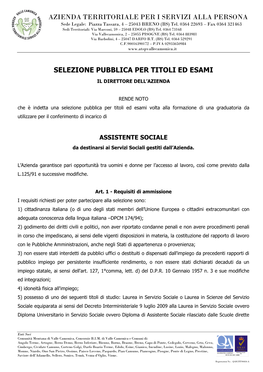 Azienda Territoriale Per I Servizi Alla Persona Selezione Pubblica Per Titoli Ed Esami