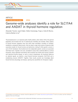 Genome-Wide Analyses Identify a Role for SLC17A4 and AADAT in Thyroid Hormone Regulation