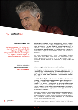 Luciano Ligabue: Il 10 Settembre Alla RCF Arena Di Reggio Emilia