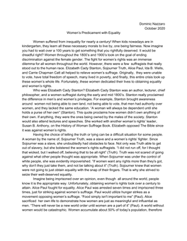 Dominic Nazzaro October 2020 Women's Predicament with Equality Women Suffered from Inequality for Nearly a Century! When Kids