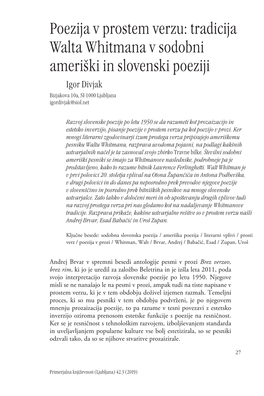 Poezija V Prostem Verzu: Tradicija Walta Whitmana V Sodobni Ameriški in Slovenski Poeziji Igor Divjak Bizjakova 10A, SI-1000 Ljubljana Igordivjak@Siol.Net