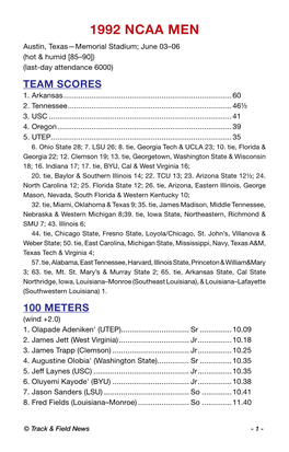 1992 NCAA MEN Austin, Texas—Memorial Stadium; June 03–06 (Hot & Humid [85–90]) (Last-Day Attendance 6000) Team Scores 1