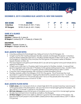 December 5, 2019 Ii Columbus Blue Jackets Vs. New York Rangers