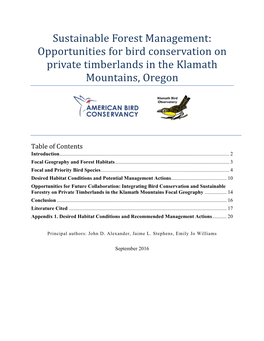 Opportunities for Bird Conservation on Private Timberlands in the Klamath Mountains, Oregon