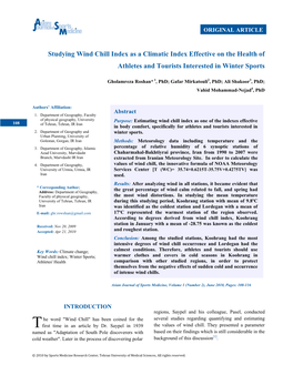 Studying Wind Chill Index As a Climatic Index Effective on the Health of Athletes and Tourists Interested in Winter Sports