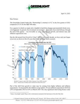 Greenlight Capital Funds (The “Partnerships”) Returned -0.1%1 in the First Quarter of 2021 Compared to 6.2% for the S&P 500 Index