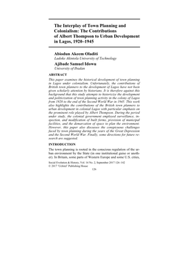 The Interplay of Town Planning and Colonialism: the Contributions of Albert Thompson to Urban Development in Lagos, 1920–1945