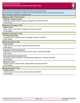 This Is a List of Schools Which Currently Have One Or More Spare Places. If You Wish to Be Considered for a Place at One of Thes