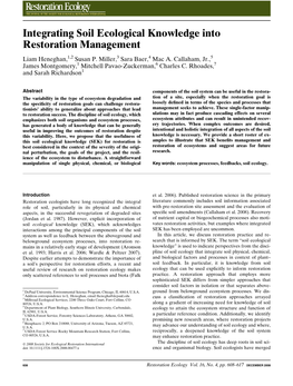 Integrating Soil Ecological Knowledge Into Restoration Management Liam Heneghan,1,2 Susan P