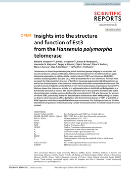 Insights Into the Structure and Function of Est3 from the Hansenula Polymorpha Telomerase Nikita M