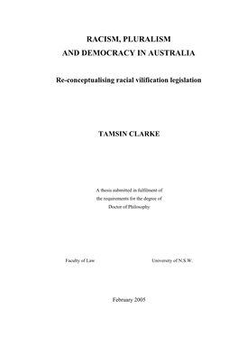 Racism, Pluralism and Democracy in Australia