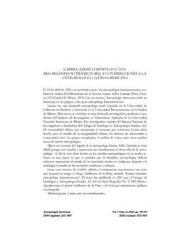 Larissa Adler Lomnitz (1932-2019). Recordando Su Trayectoria Y Contribuciones a La Antropología Latinoamericana