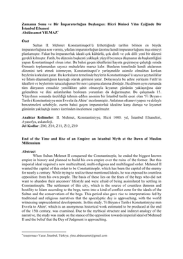 Zamanın Sonu Ve Bir İmparatorluğun Başlangıcı: Hicri Bininci Yılın Eşiğinde Bir İstanbul Efsanesi Abdüssamet YILMAZ*