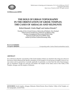 The Role of Urban Topography in the Orientation of Greek Temples: the Cases of Akragas and Selinunte