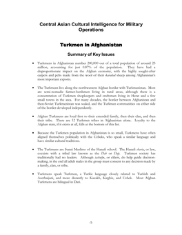 Central Asian Cultural Intelligence for Military Operations Turkmen in Afghanistan Turkmen in Afghanistan