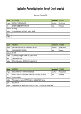 Applications Received by Copeland Borough Council for Period