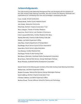 Little Hunting Creek Watershed Management Plan Was Developed with the Assistance of the Little Hunting Creek Steering Committee