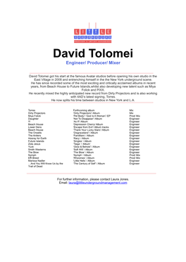 David Tolomei Engineer/ Producer/ Mixer