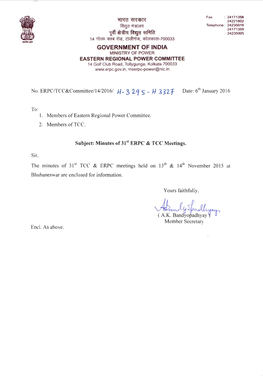 GOVERNMENT of INDIA MINISTRY of POWER EASTERN REGIONAL POWER COMMITTEE 14 Golf Club Road, Tollygunge, Kolkata 700033 Mserpc-Power@Nic.In