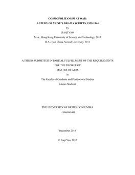 A STUDY of XU XU's DRAMA SCRIPTS, 1939-1944 by JIAQI YAO MA, Hong Kong University of Science and Techn