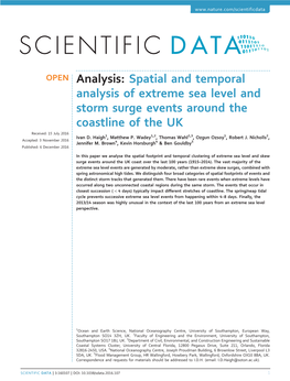 Spatial and Temporal Analysis of Extreme Sea Level and Storm Surge Events Around the Coastline of the UK 15 2016 Received: July 1 1 2 2 3 1 2 Ivan D