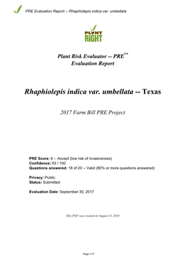 PRE Evaluation Report for Rhaphiolepis Indica Var. Umbellata