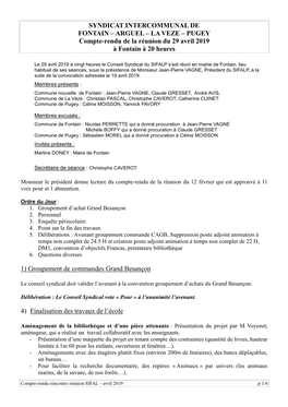 SYNDICAT INTERCOMMUNAL DE FONTAIN – ARGUEL – LA VEZE – PUGEY Compte-Rendu De La Réunion Du 29 Avril 2019 À Fontain À 20 Heures