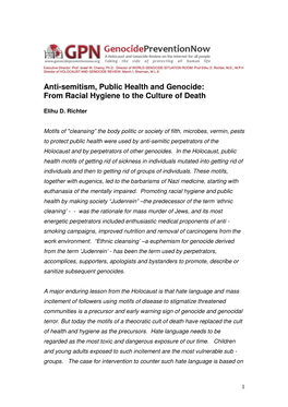 Antisemitism, Public Health and Genocide:From Racial Hygiene To