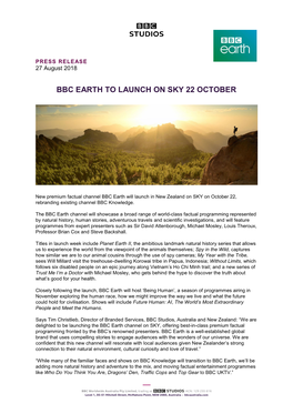 Bbc Earth to Launch on Sky 22 October