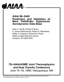AIAA 98–2445 Prediction and Validation of Mars Pathfinder