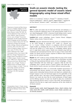 Snails on Oceanic Islands: Testing the ARTICLE General Dynamic Model of Oceanic Island Biogeography Using Linear Mixed Effect Models Robert A