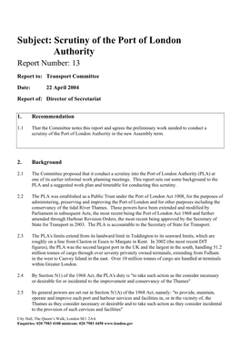 Scrutiny of the Port of London Authority Report Number: 13