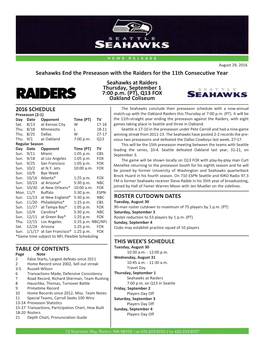 2016 Schedule Roster Cutdown Dates Seahawks At