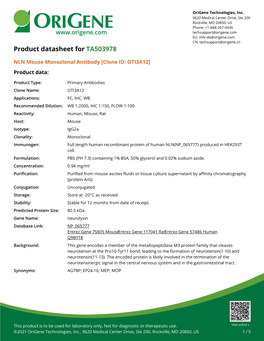 NLN Mouse Monoclonal Antibody [Clone ID: OTI3A12] Product Data