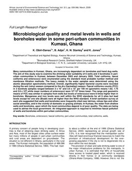 Microbiological Quality and Metal Levels in Wells and Boreholes Water in Some Peri-Urban Communities in Kumasi, Ghana