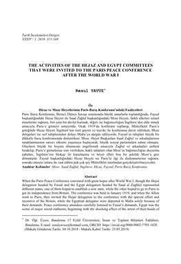 THE ACTIVITIES of the HEJAZ and EGYPT COMMITTEES THAT WERE INVITED to the PARIS PEACE CONFERENCE AFTER the WORLD WAR I Resul