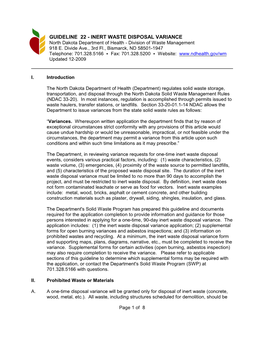 INERT WASTE DISPOSAL VARIANCE North Dakota Department of Health - Division of Waste Management 918 E