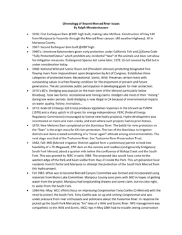 Chronology of Recent Merced River Issues by Ralph Mendershausen • 1926: First Exchequer Dam @300’ High Built, Making Lake Mcclure