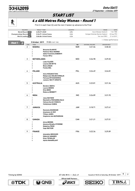 4 X 400 Metres Relay Women - Round 1 First 3 in Each Heat (Q) and the Next 2 Fastest (Q) Advance to the Final