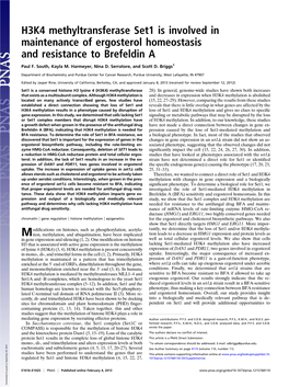 H3K4 Methyltransferase Set1 Is Involved in Maintenance of Ergosterol Homeostasis and Resistance to Brefeldin A