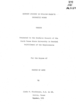 Deoember, 1975 Shasberger, Linda M., Serpent Imagery in William