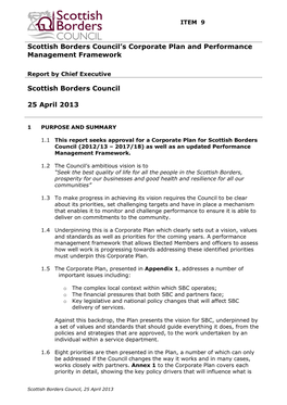 Scottish Borders Council’S Corporate Plan and Performance Management Framework