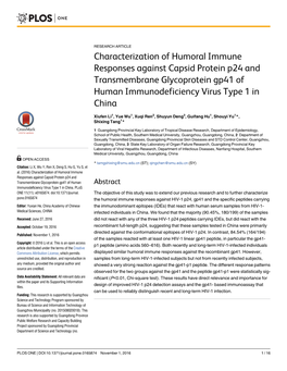 Characterization of Humoral Immune Responses Against Capsid Protein P24 and Transmembrane Glycoprotein Gp41 of Human Immunodeficiency Virus Type 1 in China