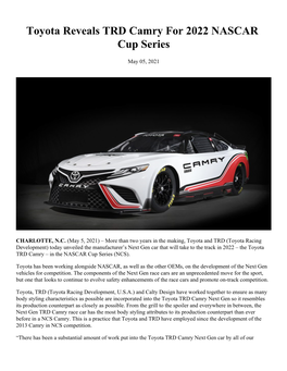 Toyota Reveals TRD Camry for 2022 NASCAR Cup Series