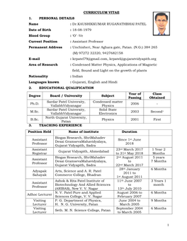 1. PERSONAL DETAILS Name : Dr. Date of Birth : 18 Blood Group